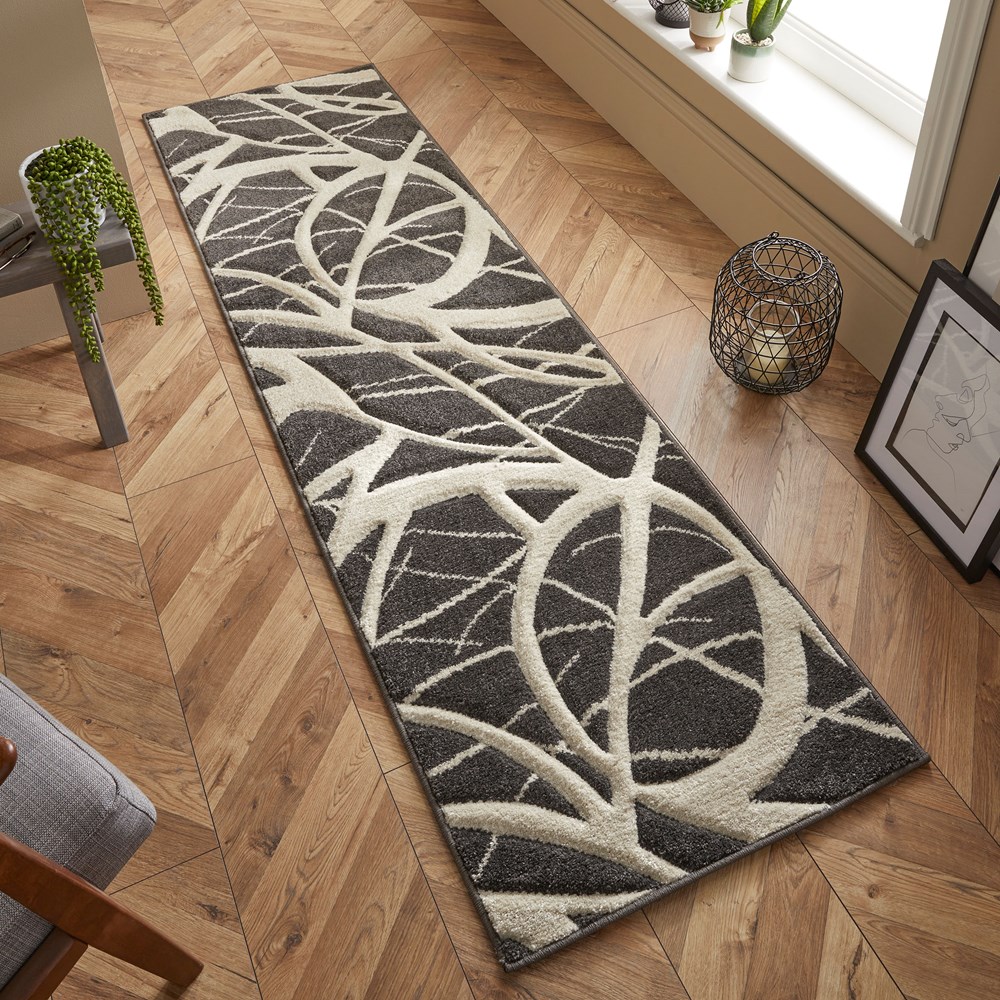 Portland 57 E Abstract Carved Runner Rugs in Charcoal Cream